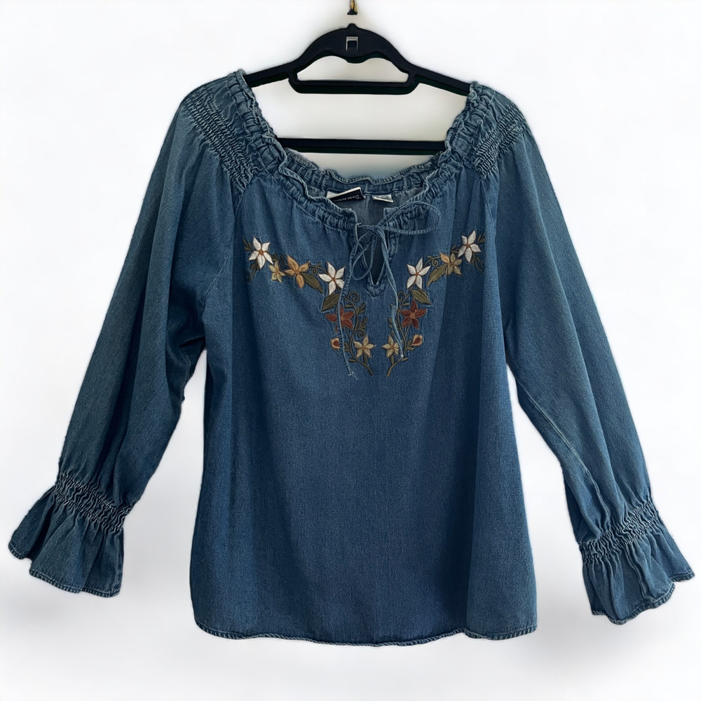 Fashion Bug Top 18/20 Blue Denim Peasant Style Embroidered Tie Neck Boho Hippie